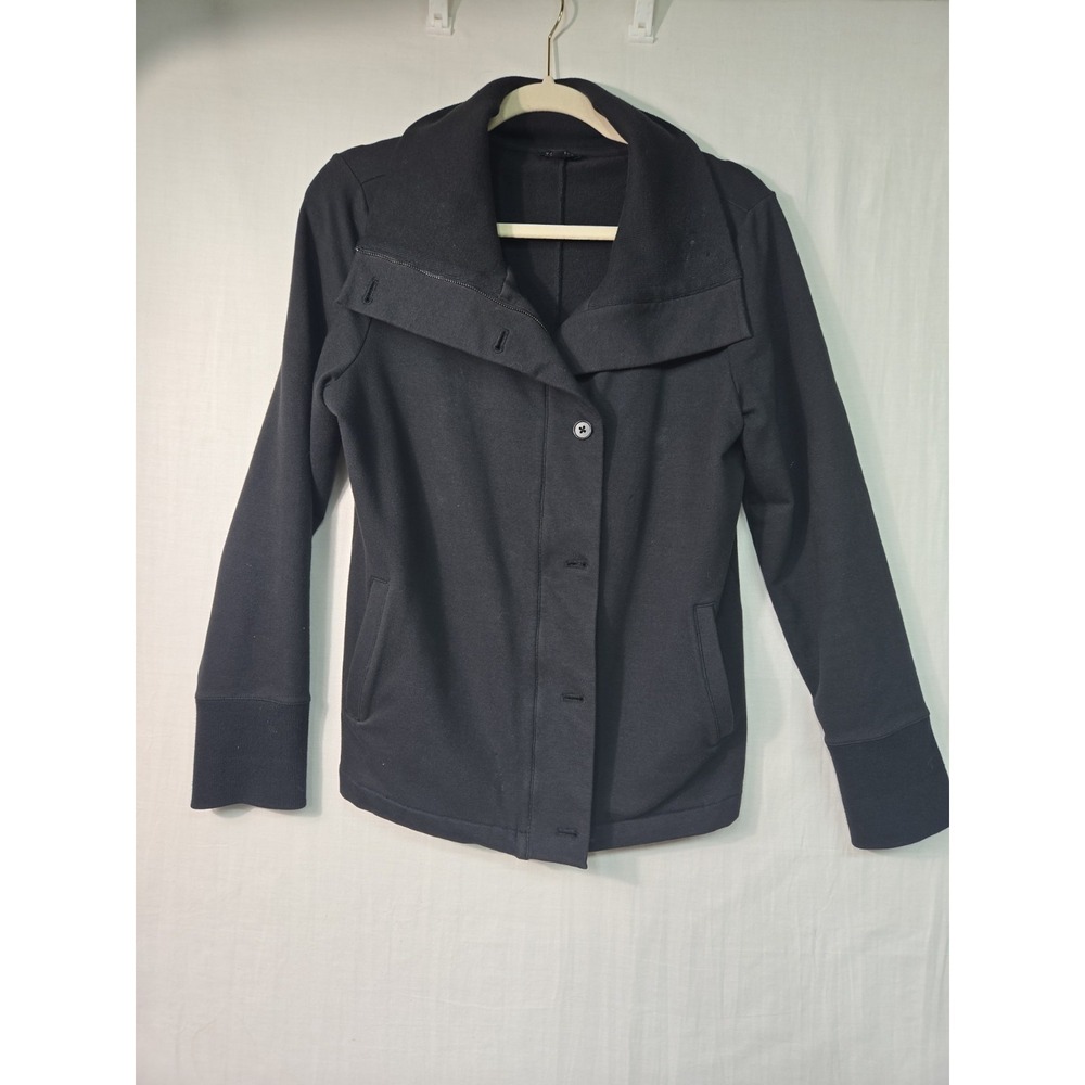 Talbots Jacket Women's Med Black Full Zip Button Stretch Knit Mock Neck Pockets